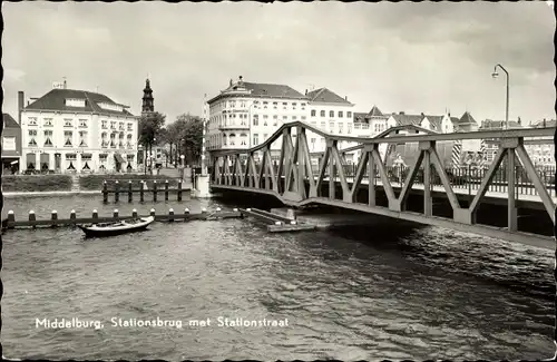 Ak Middelburg Zeeland Niederlande, Stationsbrug met Stationstraat