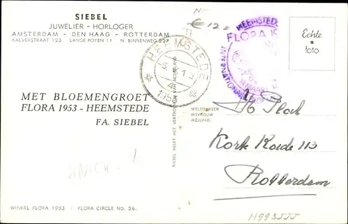 Ak Heemstede Nordholland Niederlande, Flora 1953, Siebel - Amsterdam, Siebel-Rotterdam,