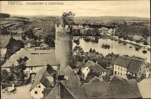 Ak Triptis in Thüringen, Schlossturm mit Stadtteich
