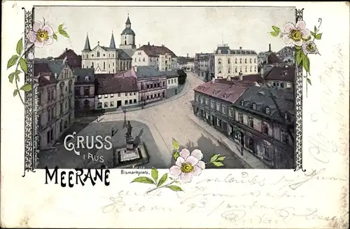 Ak Meerane in Sachsen, Bismarckplatz, Bismarckdenkmal, Kirche