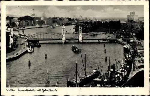 Ak Szczecin Stettin Pommern, Baumbrücke mit Getreidesilo, Lastkähne