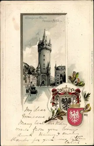 Präge Wappen Passepartout Litho Frankfurt am Main, Eschenheimer Turm