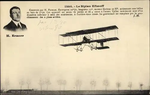 Ak Le Biplan Efimoff, Construit par H. Farman, Flugpionier