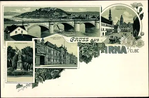 Litho Pirna in Sachsen, Brücke, Kriegerdenkmal, Postamt, Marktplatz