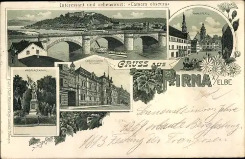 Litho Pirna in Sachsen, Brücke, Kriegerdenkmal, Postamt, Marktplatz