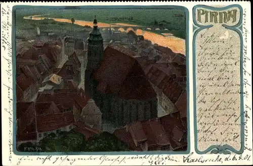 Künstler Litho Pirna in Sachsen, Blick über die Dächer der Stadt, Kirche