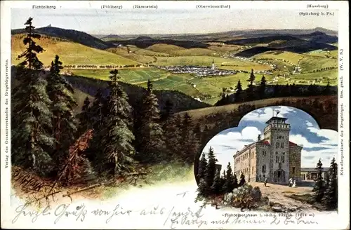 Künstler Litho Oberwiesenthal im Erzgebirge Sachsen, Fichtelberghaus, Spitzberg, Bärenstein