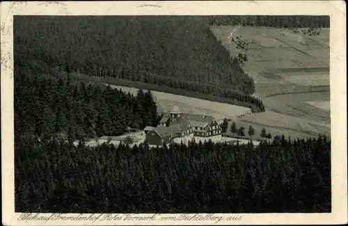 Ak Oberwiesenthal im Erzgebirge, Blick auf Fremdenhof Rotes Vorwerk vom Fichtelberg aus