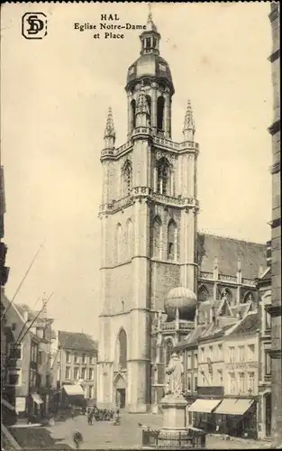 Ak Hal Flämisch Brabant Flandern, Eglise Notre-Dame et Place