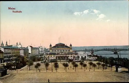 Ak Mainz am Rhein, Stadthalle, Brücke