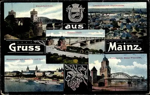 Ak Mainz Rheinland Pfalz, Wappen, Eisenbahnbrücke, Totalansicht, Stadthalle, Dom