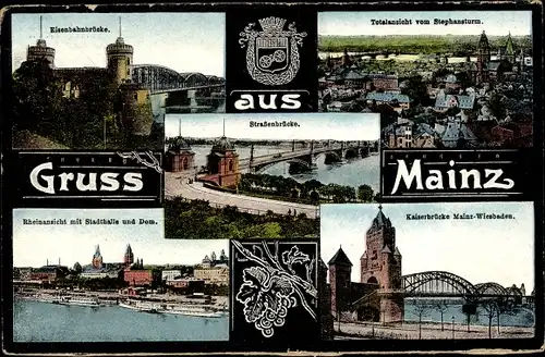 Ak Mainz Rheinland Pfalz, Wappen, Eisenbahnbrücke, Totalansicht, Stadthalle, Dom