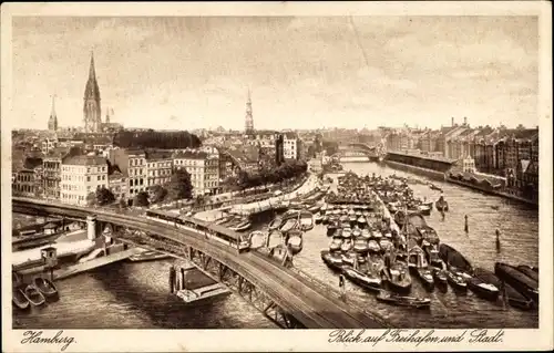 Ak Hamburg Mitte Altstadt, Blick auf Freihafen und Stadt