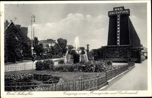 Ak Bad Salzuflen in Lippe, Eingang zum Rosengarten und Gradierwerk, Thermalbad, Springbrunnen