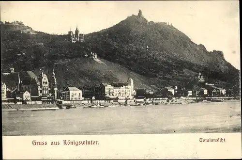 Ak Königswinter am Rhein, Totalansicht, Drachenfels, Rheinufer
