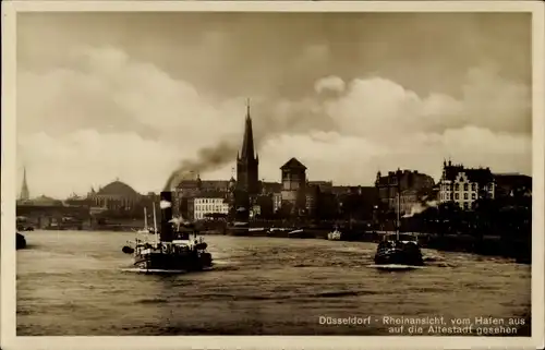 Ak Düsseldorf am Rhein, Rheinansicht vom Hafen auf die Altstadt