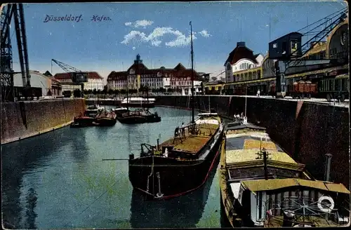 Ak Düsseldorf am Rhein, Hafen, Lastkähne, Kräne