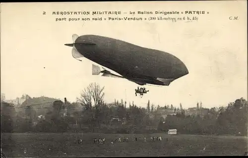 Ak Aérostation militaire, Ballon Dirigéable Patrie, Raid Paris Verdun, Französisches Luftschiff