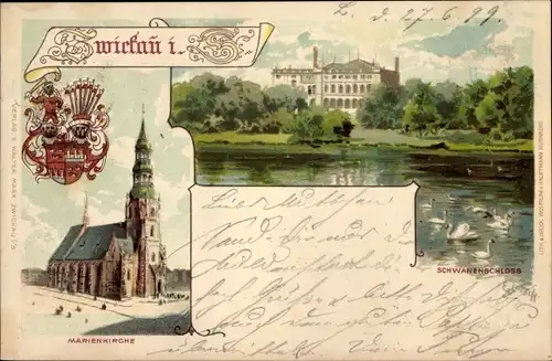 Litho Zwickau in Sachsen, Marienkirche, Schwanenschloss, Wappen