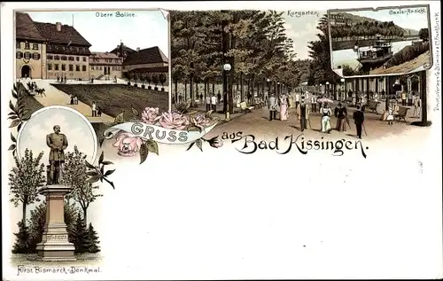 Litho Bad Kissingen Unterfranken Bayern, Obere Saline, Kurgarten, Bismarckdenkmal