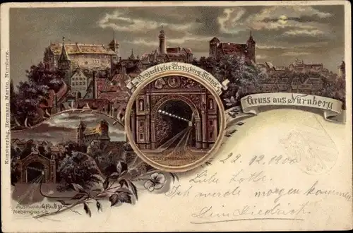 Künstler Litho Nürnberg in Mittelfranken, Stadtbild, Burgberg Tunnel, Nebengasse