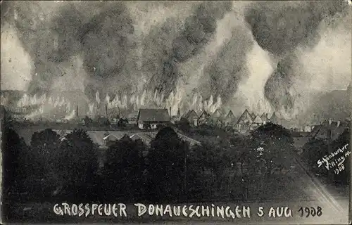 Künstler Ak Schönbucher, Donaueschingen im Schwarzwald, Großfeuer am 5. August 1908