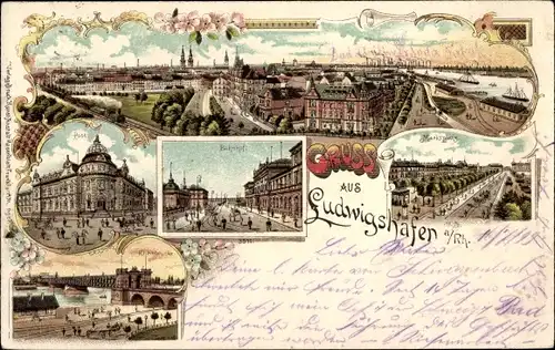 Litho Ludwigshafen am Rhein, Panorama, Post, Bahnhof, Rheinbrücke, Marktplatz