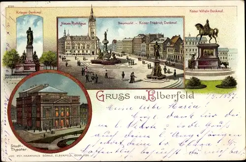 Litho Elberfeld Wuppertal in Nordrhein Westfalen, Kriegerdenkmal, Rathaus, Stadttheater, Denkmal