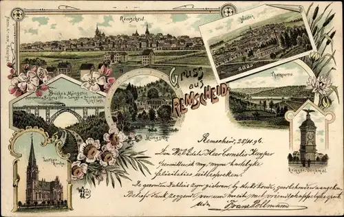 Litho Remscheid im Bergischen Land, Totale, Kriegerdenkmal, See, Lutherkirche, Brücke