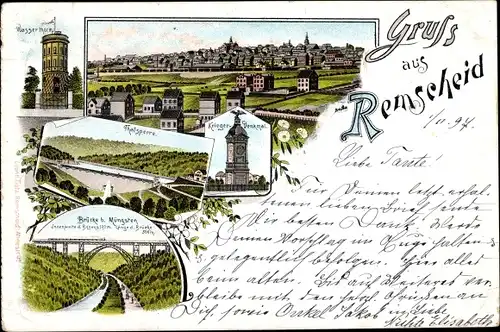 Litho Remscheid Bergisches Land, Wasserturm, Talsperre, Kriegerdenkmal, Brücke