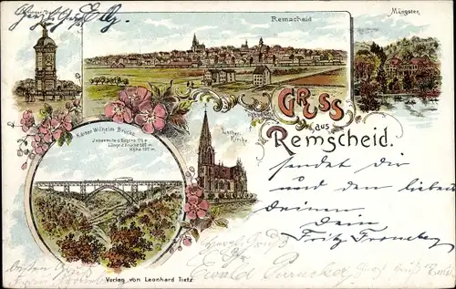 Litho Remscheid Bergisches Land, Panorama, Kriegerdenkmal, Brücke, Lutherkirche