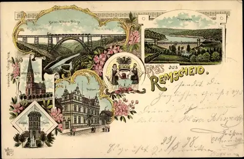 Litho Remscheid im Bergischen Land, Kaiser Wilhelm Brücke, Postamt, Kirche, Wasserturm, Talsperre