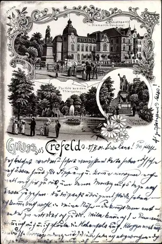 Litho Krefeld am Niederrhein, Kriegerdenkmal, Bismarckdenkmal
