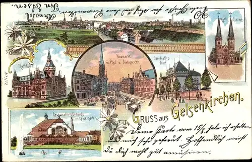 Litho Gelsenkirchen im Ruhrgebiet, Totale, Kirche, Rathaus, Kaisergarten, Landratsamt