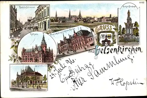 Litho Gelsenkirchen im Ruhrgebiet, Kriegerdenkmal, Rathaus, Bahnhofstraße