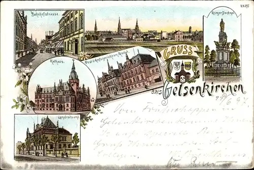 Litho Gelsenkirchen im Ruhrgebiet, Kriegerdenkmal, Rathaus, Bahnhofstraße