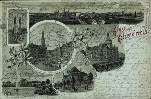 Mondschein Litho Gelsenkirchen im Ruhrgebiet, Marktplatz, Neumarkt, Rathaus, Landratsamt