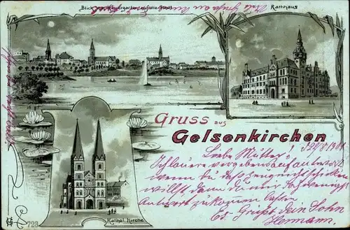 Mondschein Litho Gelsenkirchen im Ruhrgebiet, Stadt bei Nacht, Kath. Kirche, Rathaus