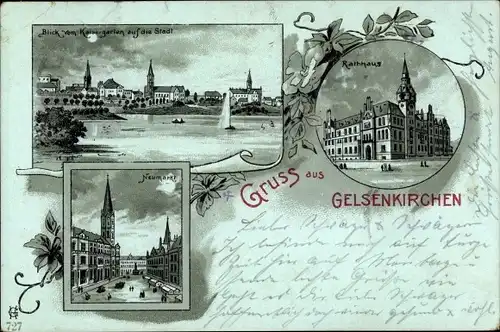 Mondschein Litho Gelsenkirchen im Ruhrgebiet, Rathaus, Blick vom Kaisergarten, Neumarkt