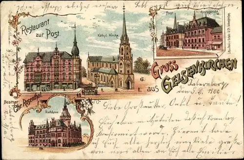 Litho Gelsenkirchen im Ruhrgebiet, Kath. Kirche, Restaurant zur Post, Rathaus, Amtsgericht, Post