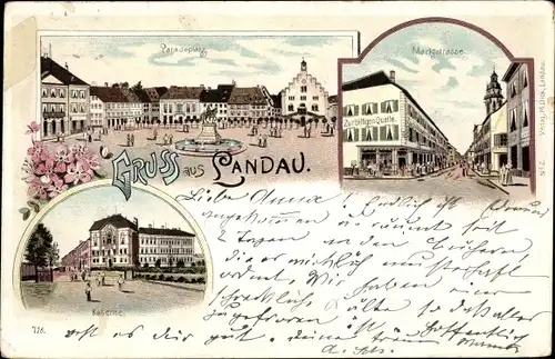 Litho Landau in der Pfalz, Paradeplatz, Marktstraße, Kaserne