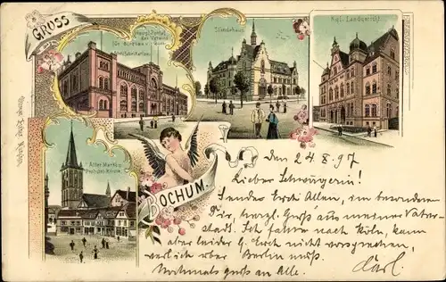 Litho Bochum im Ruhrgebiet, Alter Markt, Probsteikirche, Landgericht, Ständehaus, Verein für Bergbau