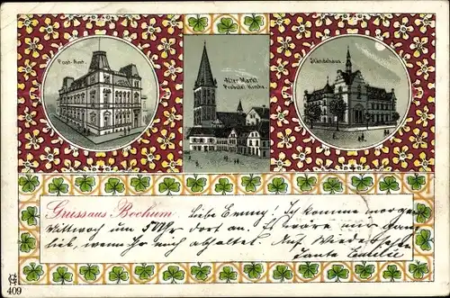 Passepartout Litho Bochum im Ruhrgebiet, Postamt, Alter Markt, Probsteikirche, Ständehaus