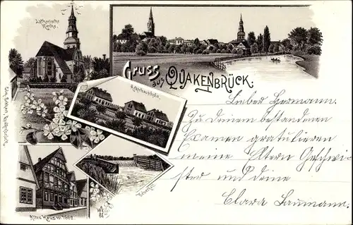 Litho Quakenbrück in Niedersachsen, Lutherische Kirche, Ackerbauschule, Überfall, Altes Haus