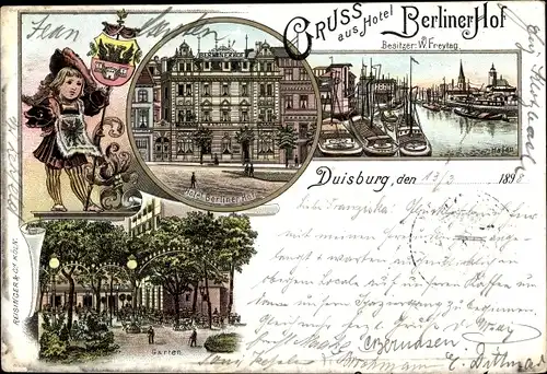 Litho Duisburg im Ruhrgebiet, Hotel Berliner Hof, Hafen, Garten