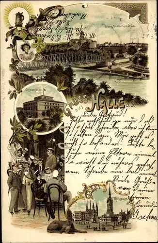 Litho Halle an der Saale, Burg Giebichenstein, Universität, Marktplatz, Studenten