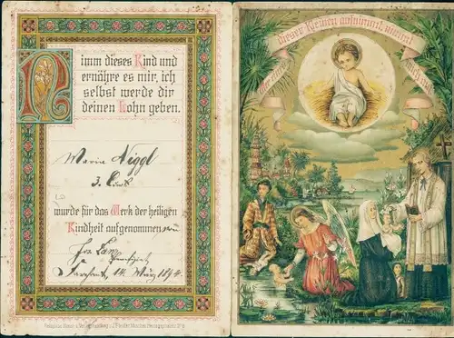 Klapp Ak Das Werk der heiligen Kindheit, Nimm dieses Kind und ernähre es mir, Maria Niggl, 1894