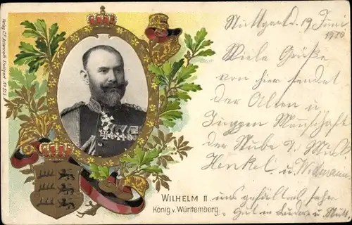Präge Wappen Litho Wilhelm II., König von Württemberg, Eichenlaub, Krone