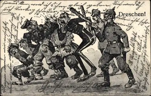 Künstler Ak Dreschen, Deutsche Soldaten und besiegte Feinde, Russland, Frankreich, I. WK