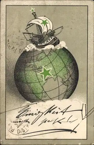 Ak Esperanto, Segelschiff umrundet die Welt, Grüner Stern